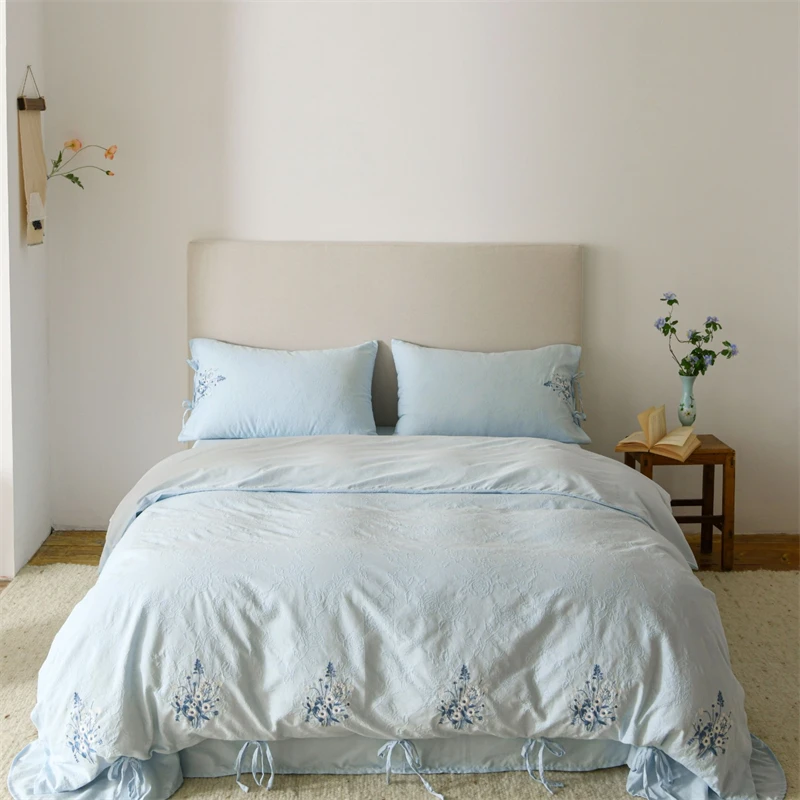 100% Cotton Jacquard Brushed Bedding Set Elegant Floral Embroidery Bowknot Duvet Cover Bed Sheet/Fitted Sheet Pillowcases 4Pcs