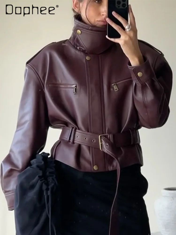 

Vintage Solid Color Stand Collar Lace-Up Leather Jackets for Women European American Fashion Street Style Trendy Short Trench