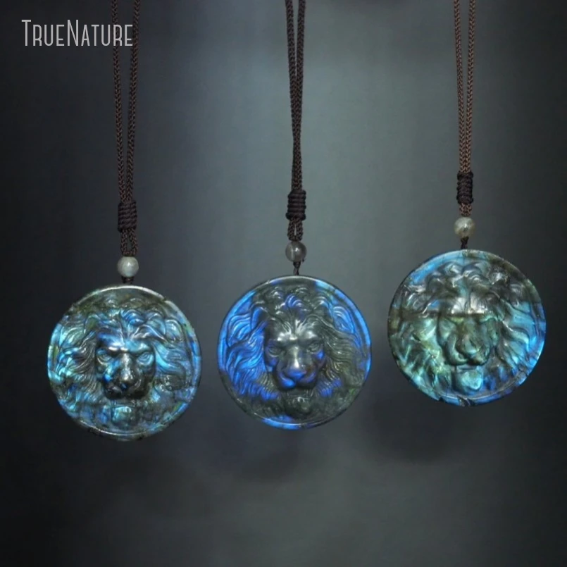 

5Pcs Wholesale Jewelry Hand Stamped Knit Round Coin Shape Lion Head Circle Labradorite Necklace NM48514