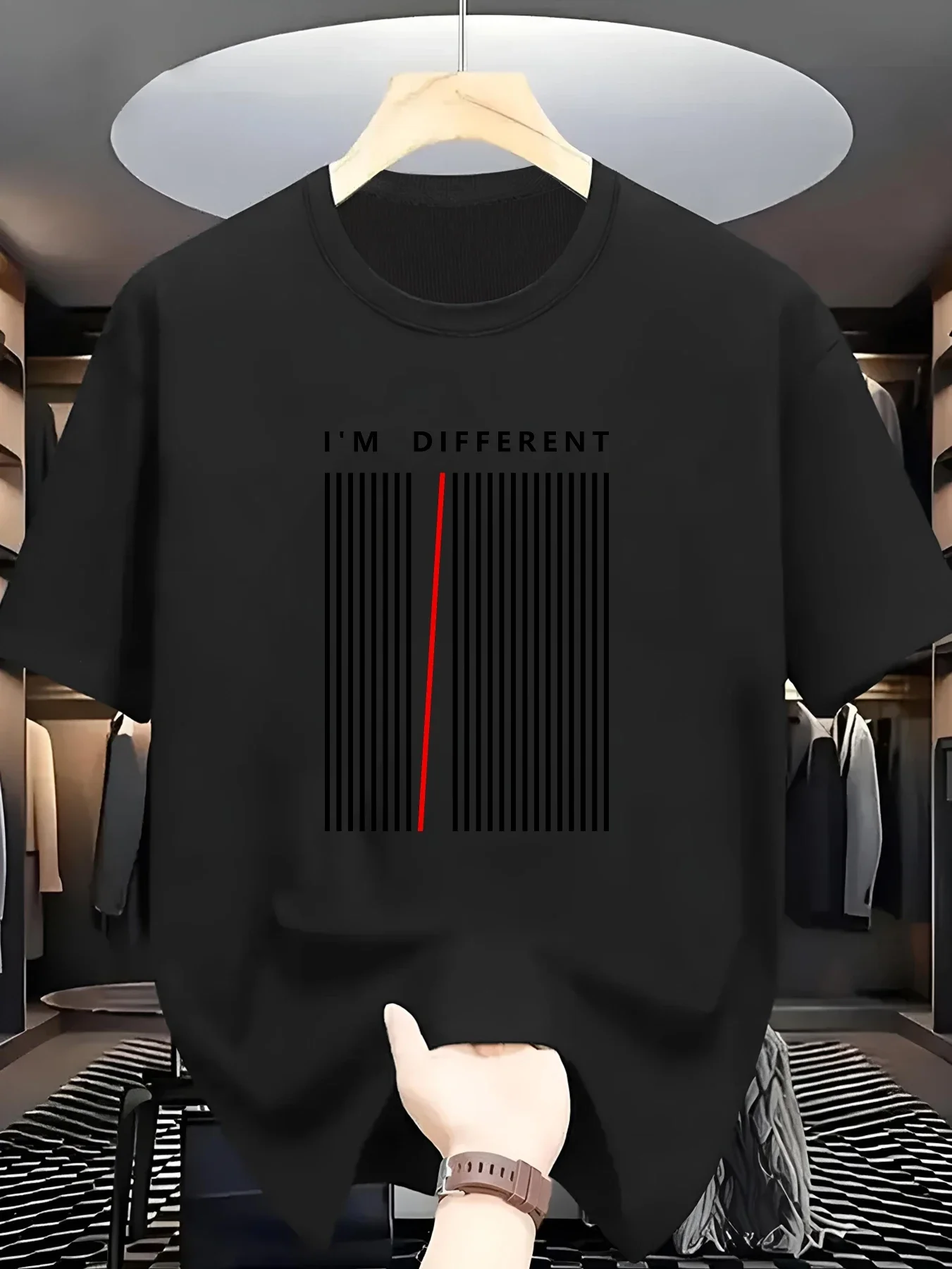 Minimalist I'M DIFFERENT Barcode Red Accent Line Print Men's 100% Cotton T-shirt Casual O-neck Short Sleeve Streetwear Tops