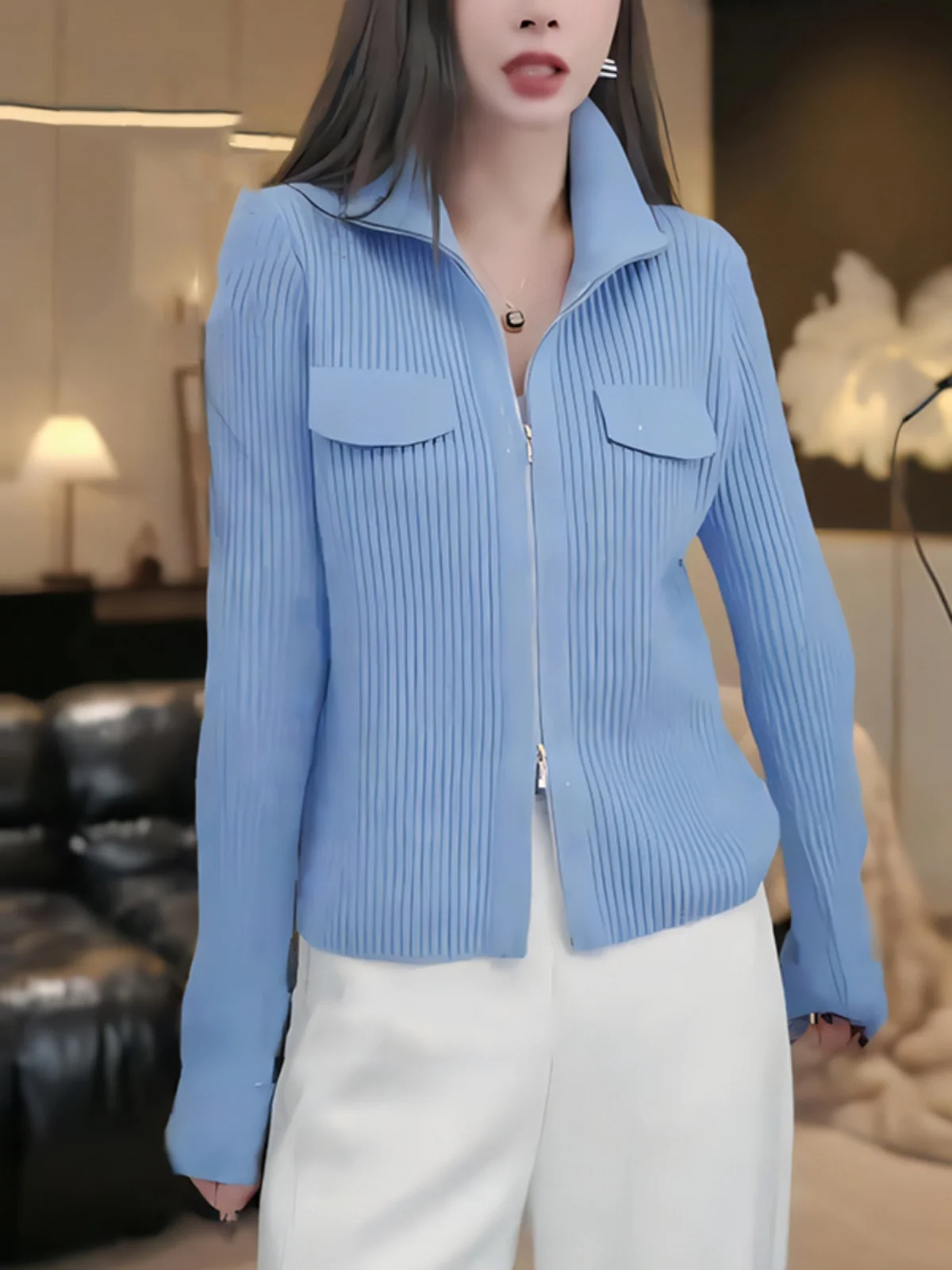 

Модный синий кардиган на молнии 2025 года: осенне-зимний трикотаж, стройнящий силуэт, красивый корейский свободный крой, стандартный размер