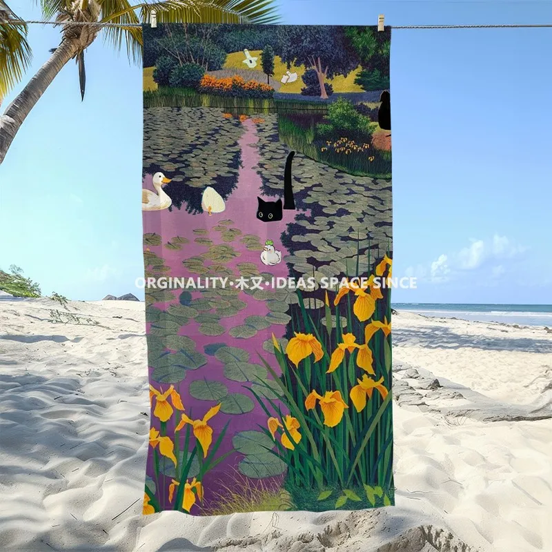 Cat & Duck Lotus Pond Beach Towel Patterned Sunscreen And Windproof Suitable For Swimming Pool Camping Travel