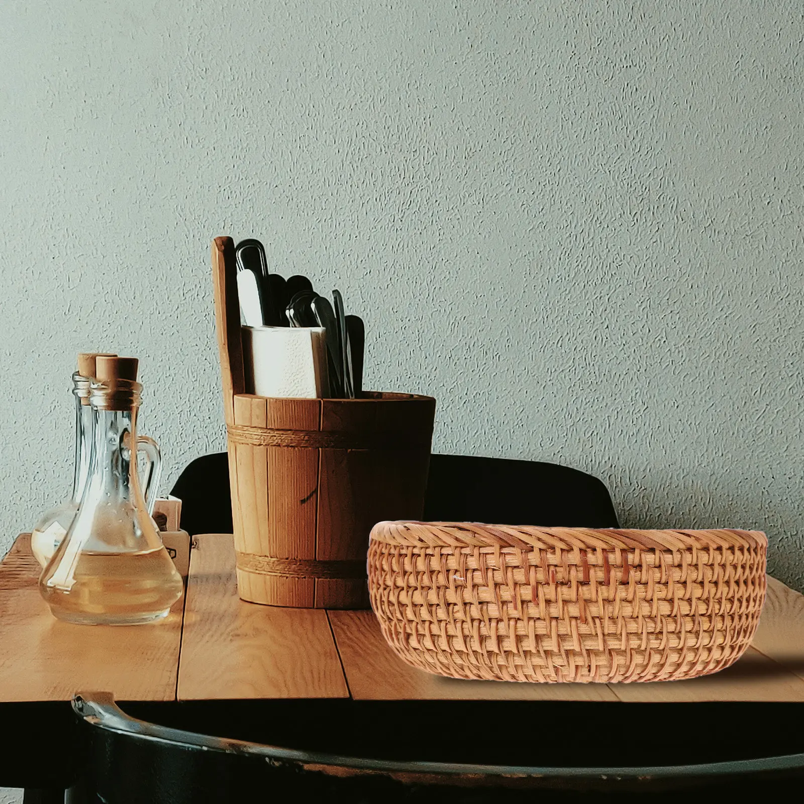 Rattan Woven Round Basket for Kitchen, Fruit Bread Snack Storage & Serving, Minimalist Home Decor