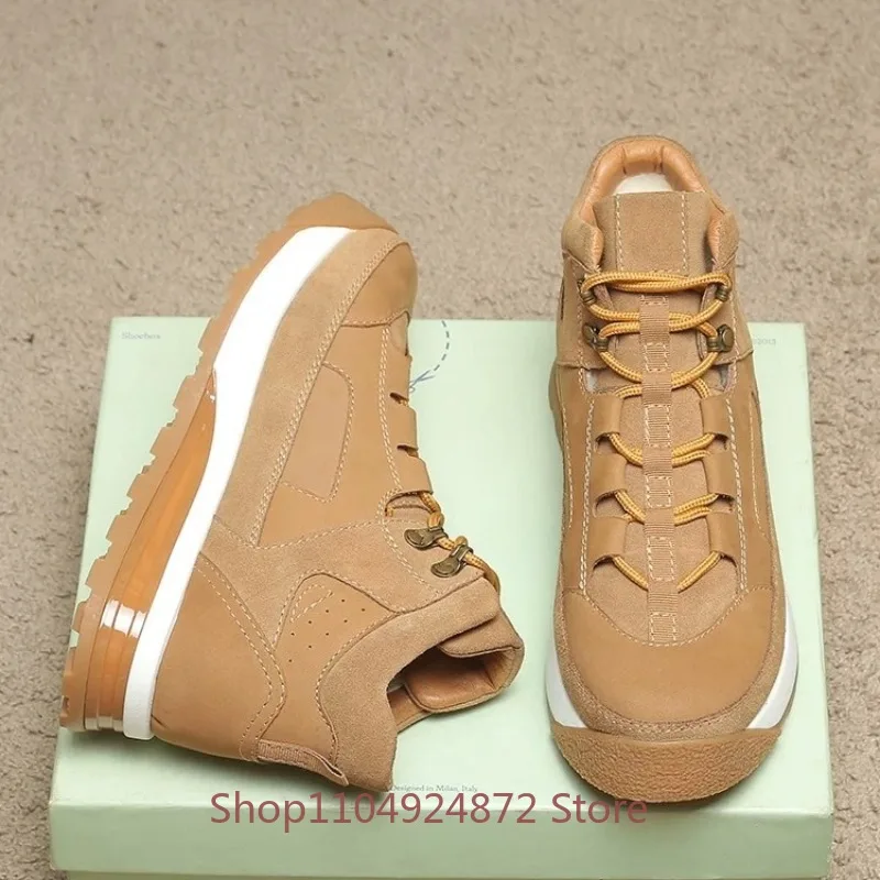 Retro High Top Hiking Sneakers Men's Snow Boots Lace Up Cow Suede Patchwork Ankle Boots Male Outdoor Non-slip Casual Shoes