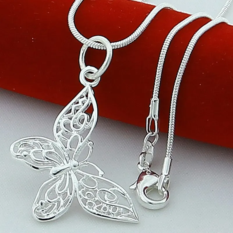 925 Sterling Silver Butterfly Pendant Necklace 16/18/20/22/24/26/28/30 inch Snake Chain For Women Wedding Engagement Jewelry