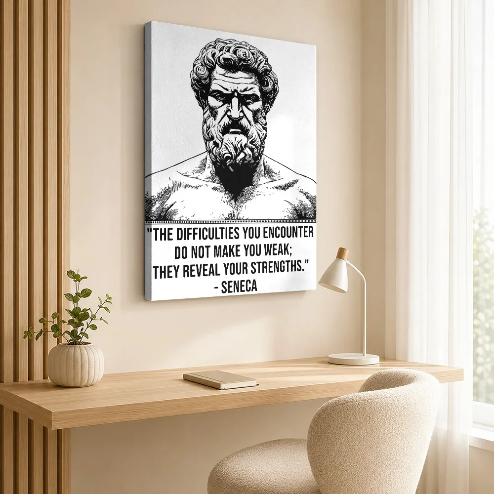Seneca Strength Quote Canvas Print Customized Photo Black And White Bust Illustration Wall Art For Workspace Housewarming Gift