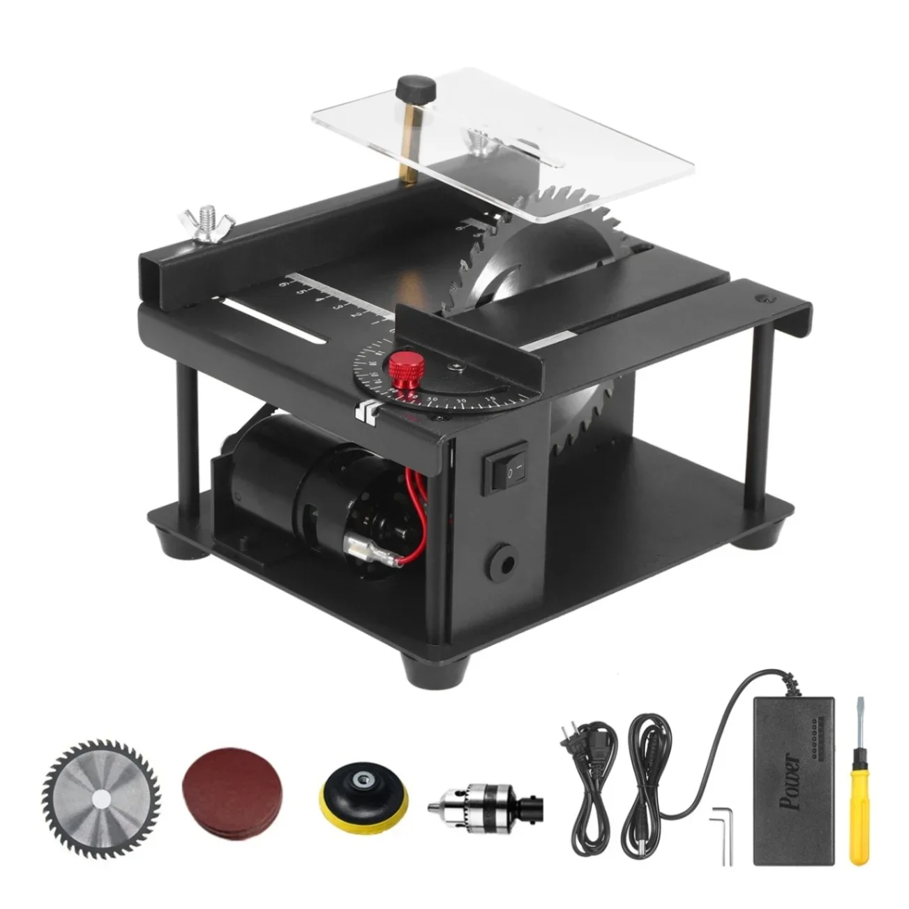 200W 24V Mini Multi-Functional Desktop Saw Cutter 7-Level Speed Adjustable with Saw Blade Grinding Wheel 35MM Cutting Depth