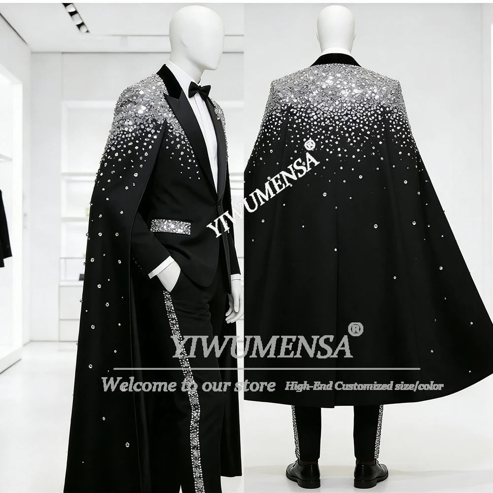 

Exclusive Jewelry Stones Suit Men Attire For Wedding Single Breasted Prom Blazer With Cloak Long Customized Groom Tuxedos Outfit
