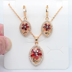 Fashion Gold Color Women Red Cubic Zirconia Flower Earrings & Pendant Engagement Jewelry Set
