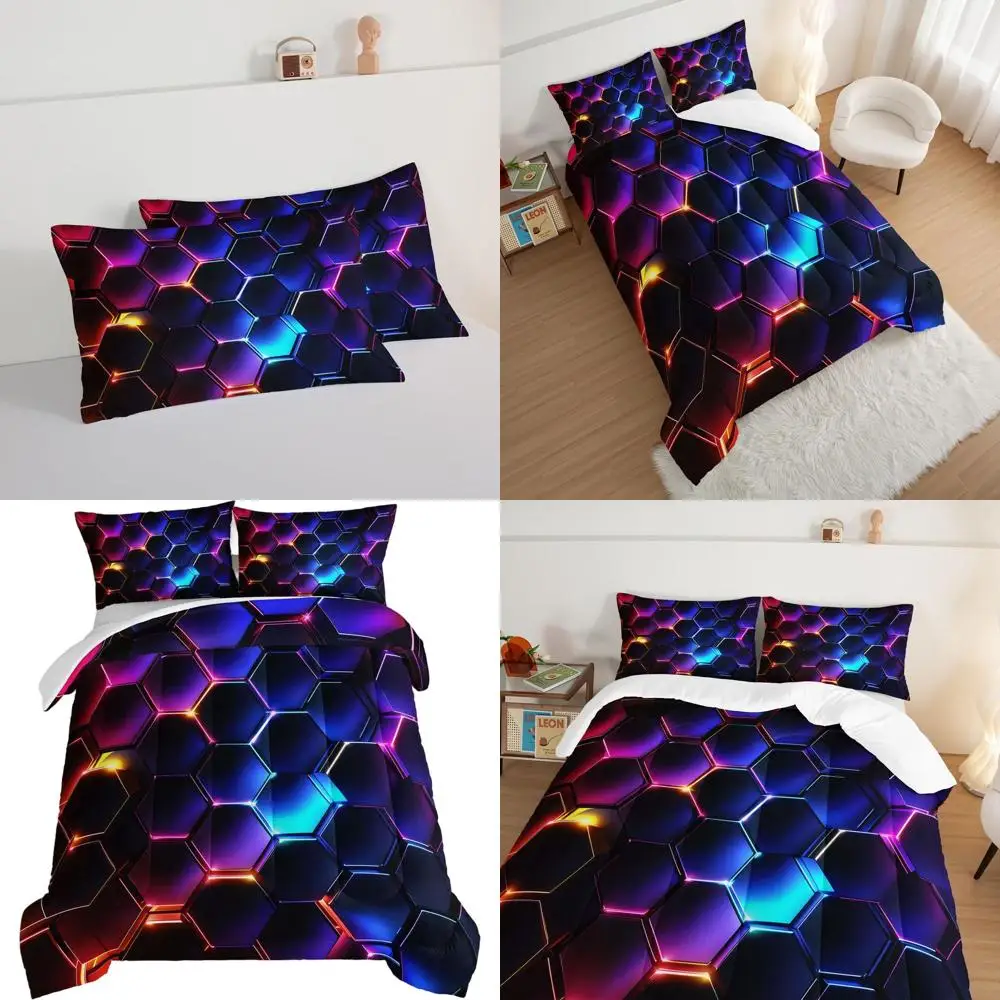 

Полноразмерный комплект одеял с 3D-сотами для мальчиков, постельное белье фиолетового и синего цвета с шестигранным узором, тема неоновых огней и 2 наволочками