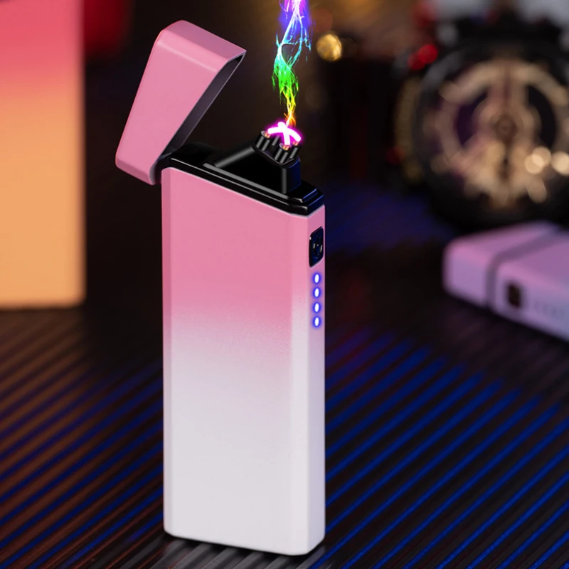 2023 Douyin Popular Portable Gradient Color USB Rechargeable Double Arc Lighter Cigarette Accessories Men and Women Gift Gadgets