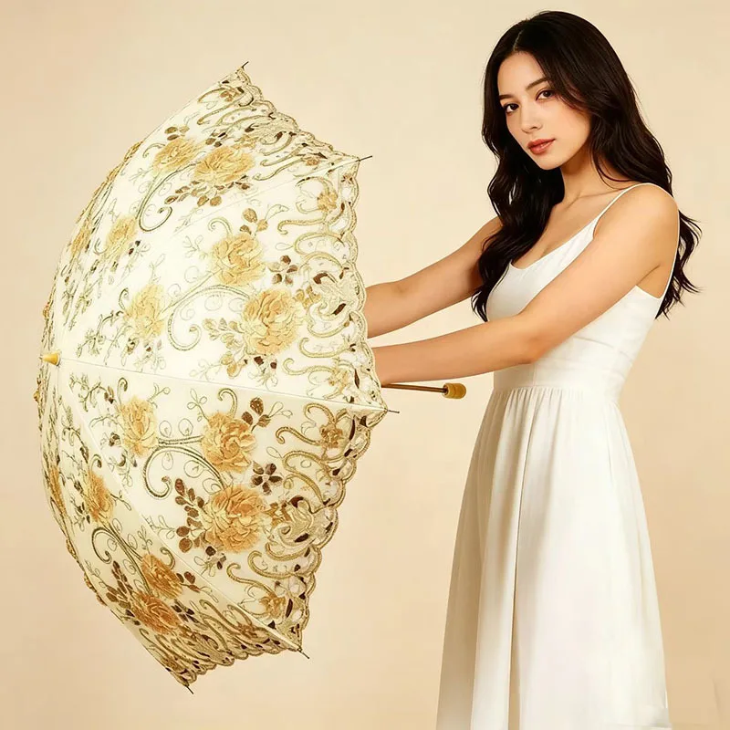 Portable 2 Fold Princess Umbrella Light Luxury Embroidered Black Glue UV Protection Dual Use Sunny Rain Sun Umbrella