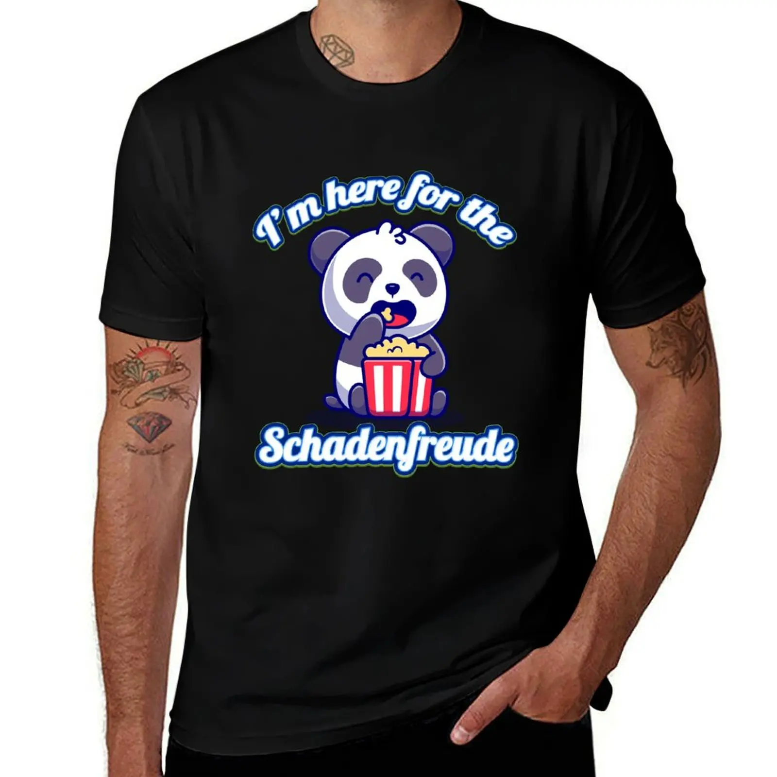 

I Am Here For The Schadenfreude Funny Cute Panda Sarcastic T-Shirt t shirts designer man t shirt cotton high quality T-Shirt
