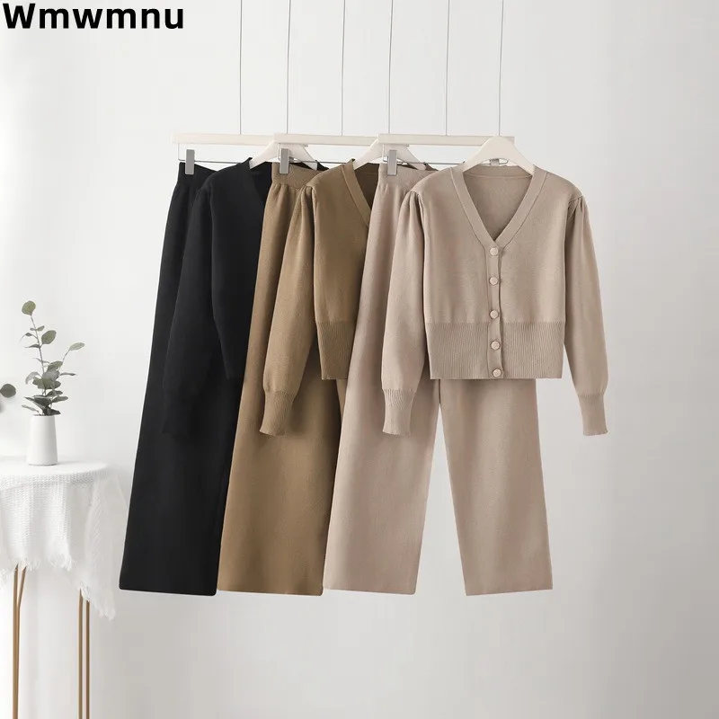 Warm Elegants Knited Tow Piece Sets Fall Winter New Cardigan Coats Tops Conjunto Casual Lace-up High Waist Wide Leg Baggy Pants