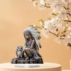 Indian Girl Owl Statue Native American Figurine Indoor Outdoor Flat Acrylic Ornament for Cabinet Office Living Room Festival
