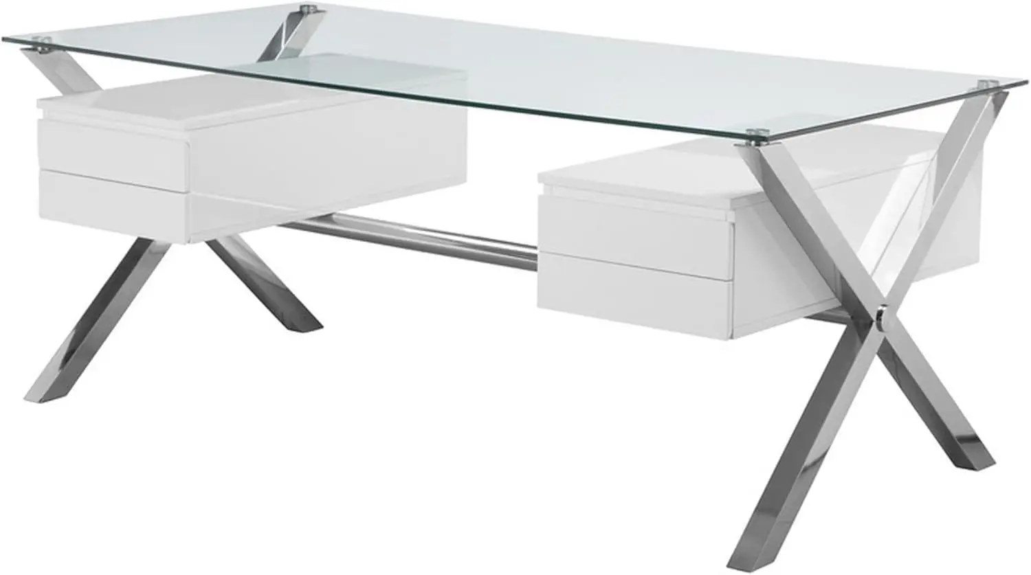 71 Inch Large Office Desk, Glass Tempered Top, 4 Drawers, Finish, White and Chrome