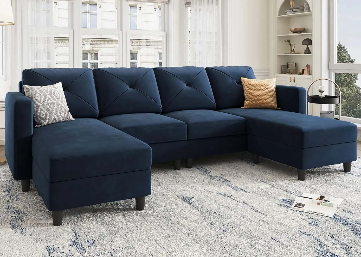 HONBAY Velvet Sectional Sofa with Chaise U Shaped Sectional Couch 4 Seat Sofa for Living Room, Dark Blue