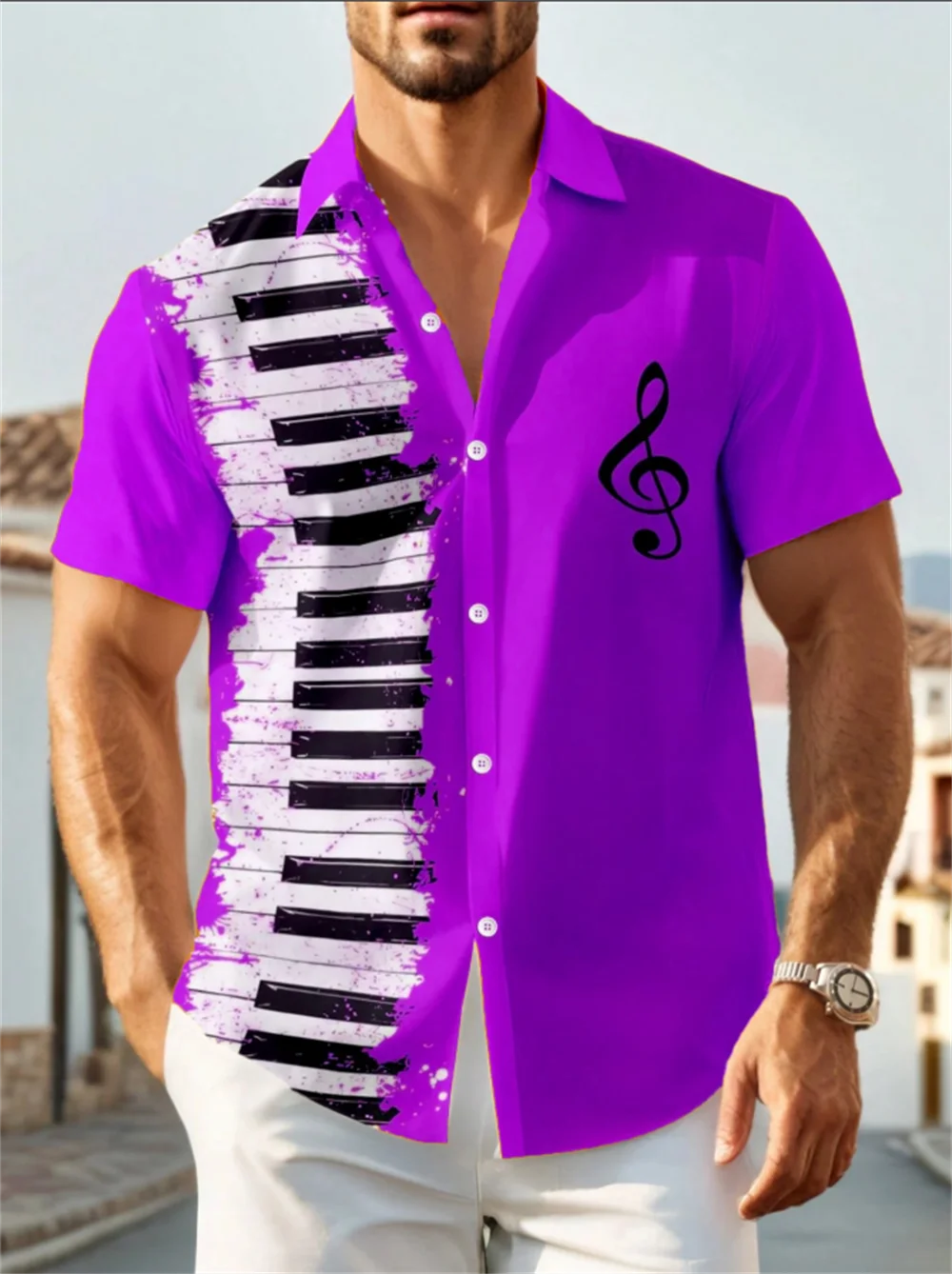 Wealthy men's shirt with piano design, short sleeved shirt, comfortable and soft, daily vacation men's clothing