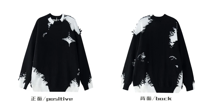 2025 Autumn Winter American High Street Black Spliced Frayed Pullover Sweater Gray Round Neck Casual Knitted Sweater
