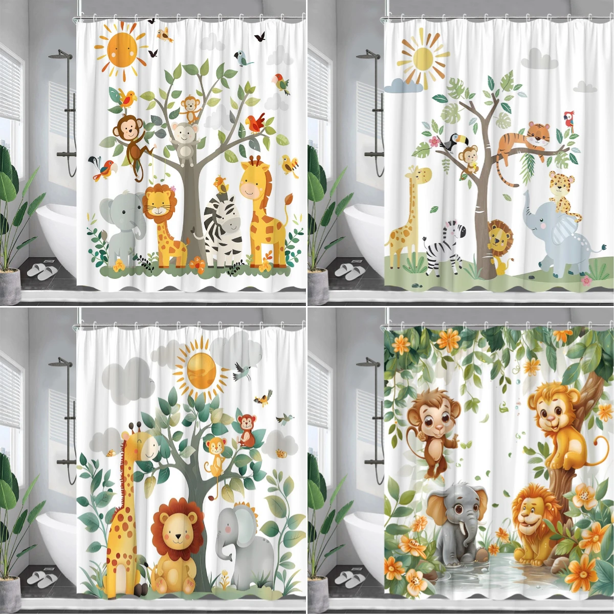 Forest Cartoon Animal Shower Curtain Giraffe Monkey Tiger Flower Plant Jungle Kid Home Polyester Fabric Bathroom Decor Curtains