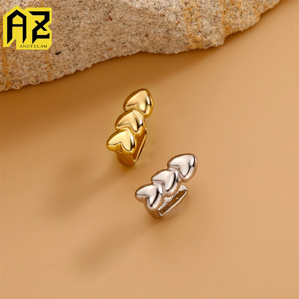 Anztilam 3 Hearts Teeth Grillz Iced Out Grill Tooth Men Women Hip Hop Grills Caps Brass Fashion Jewelry Free Shipping