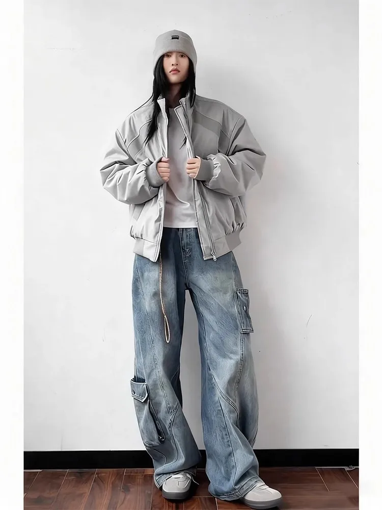 

Retro American Thickened Short Cotton Jacket Stand Collar Men Women Winter Warm Match All Cotton Clothes Outerwear Coat