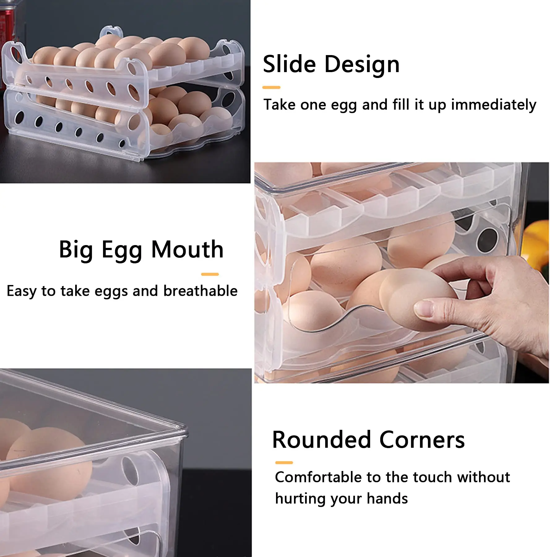 2 Layer Sliding Egg Storage Box for Fridge Clear Plastic Refrigerator Egg Organizer Bin Large Capacity Egg Holder