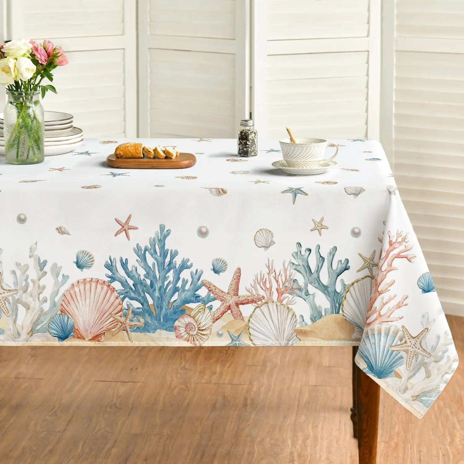 Summer Ocean Theme Tablecloth for Table Decor Watercolor Sealife Shell Coral Sea Star Conch Rectangle Table Cloth Party Decor