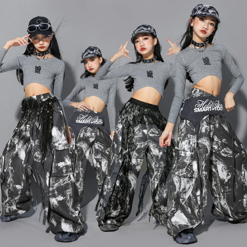 

Укороченный топ с бисером для девочек K-pop, камуфляжные брюки-карго для танцев, детские уличные костюмы в стиле хип-хоп, детские комплекты одежды для джазовых девочек