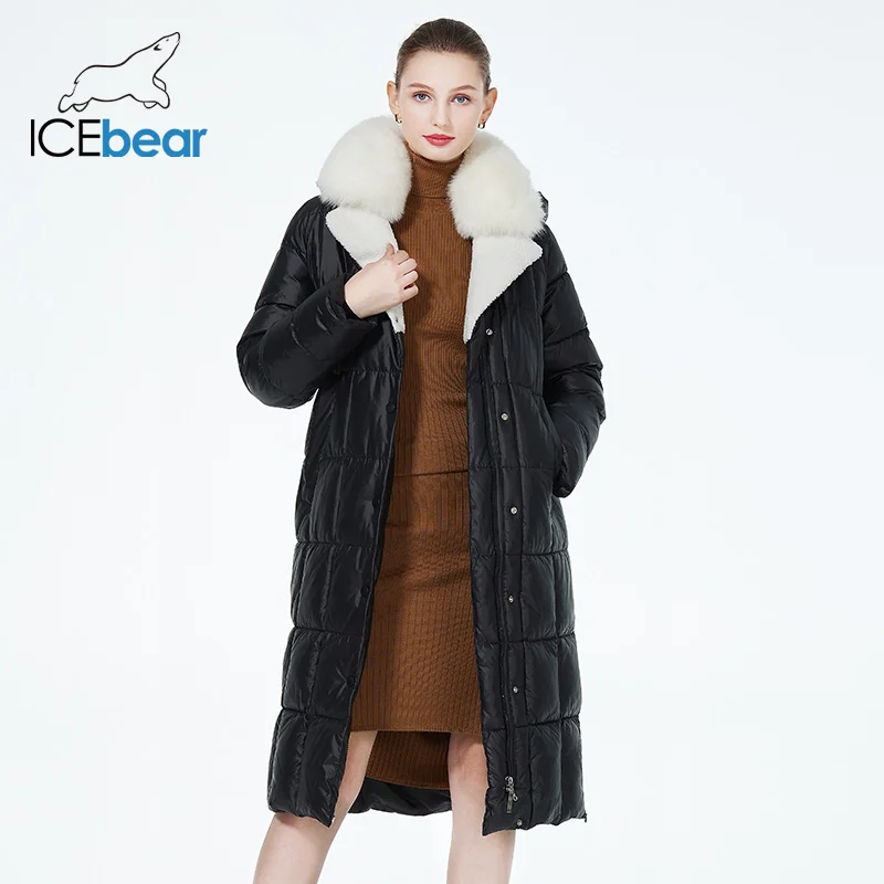 ICEbear new 2023  fur hood women coat long luxury jacket female warm quilted coat parkas with belt GWD3906I