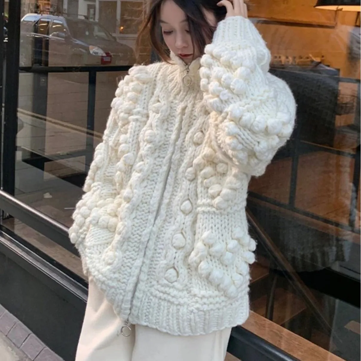 Autumn and Winter Design Sense Lazy Style Loose and Thick Versatile High Neck White Sweater Jacket Knitted Cardigan for Women