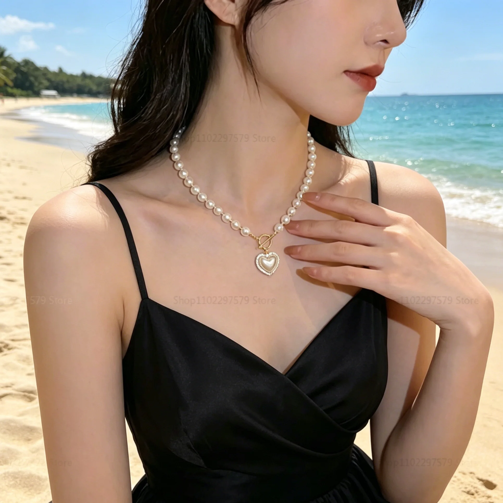 Collar elegante de perlas de imitación para mujer, collares con colgante de corazón, collares de cadena de perlas de imitación de lujo, joyería, regalos para niñas
