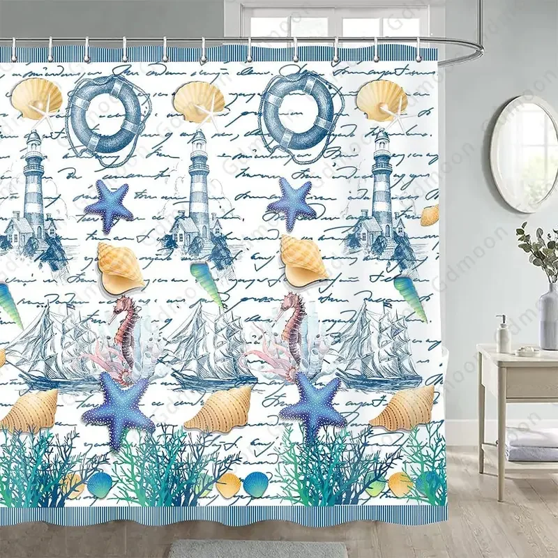 Starfish Shell Shower Curtain Retro Navy Blue Lighthouse Underwater World Coral Beach Marine Sailboat Hawaii With Hooks