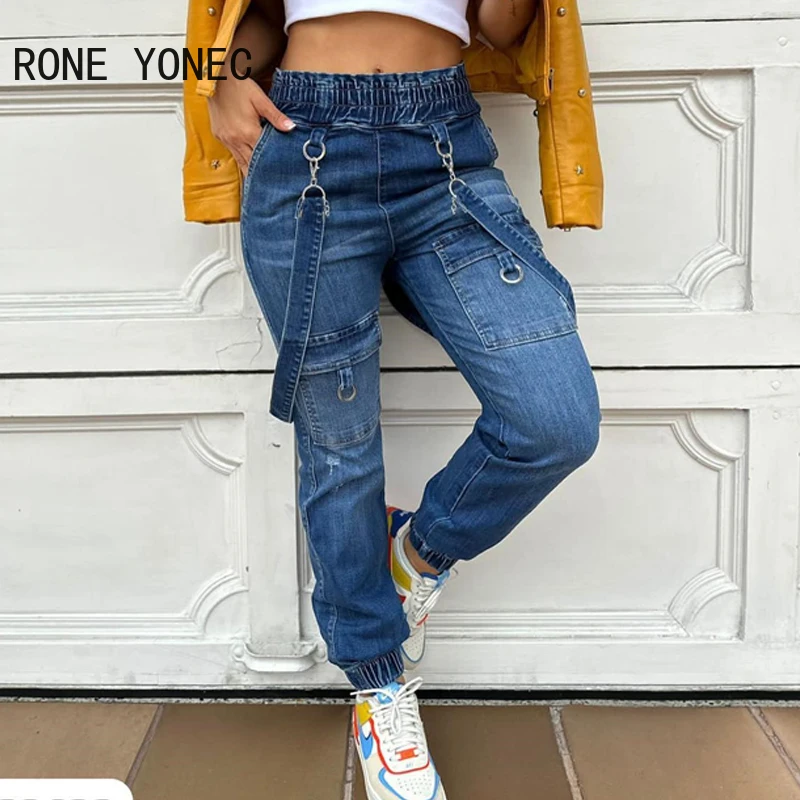 Women Fashion Chic Elastic Waist Thick Straps Hook Jeans Ankle Length Denim Pants