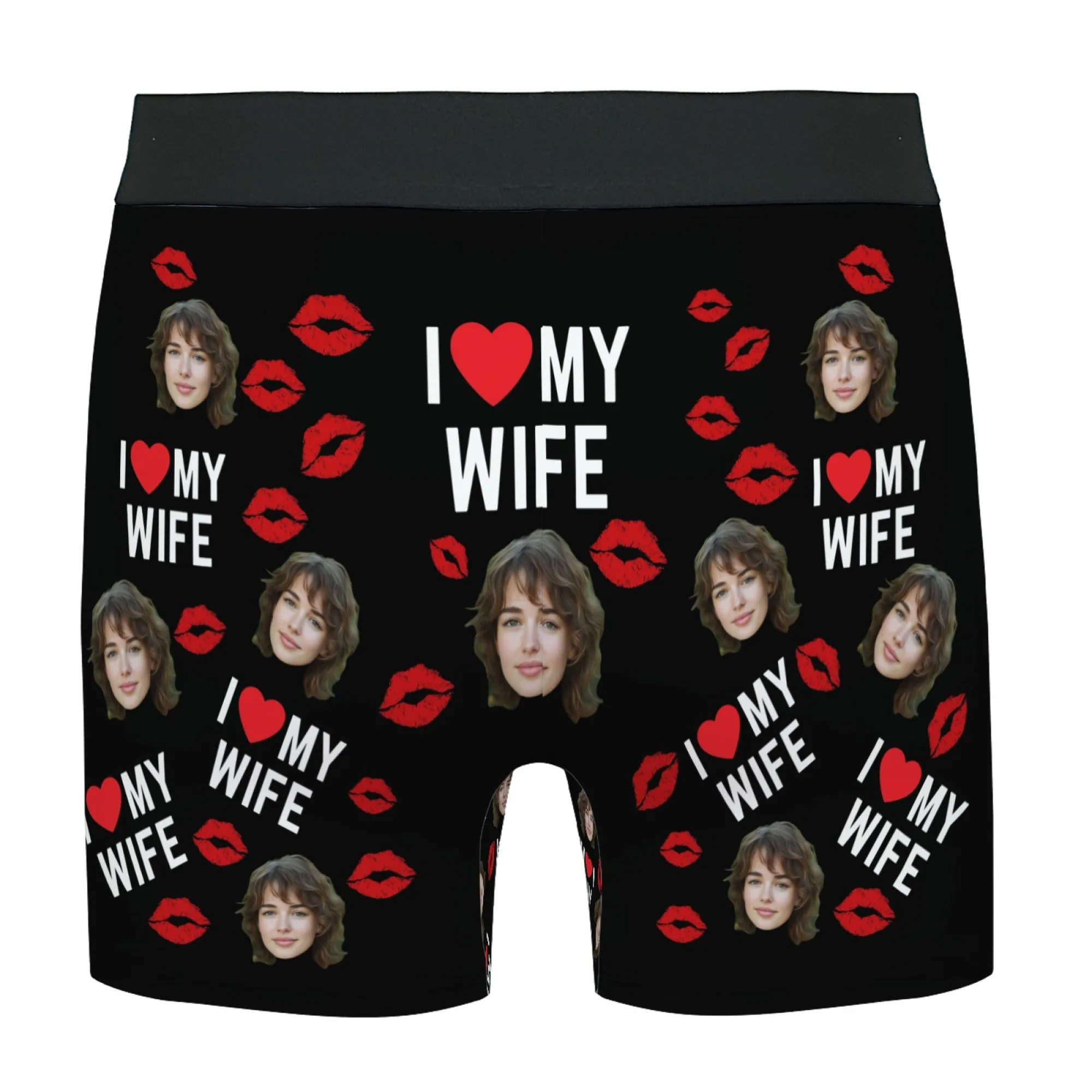 Romantyczny, słodki prezent na Walentynki dla męża - personalizowane bokserki z nadrukiem twarzy, czarne, z napisem \\\\\\\"Kocham MOJĄ ŻÓŁWĘ\\\\\\\" i czerwonym nadrukiem ust - wyjątkowy prezent.