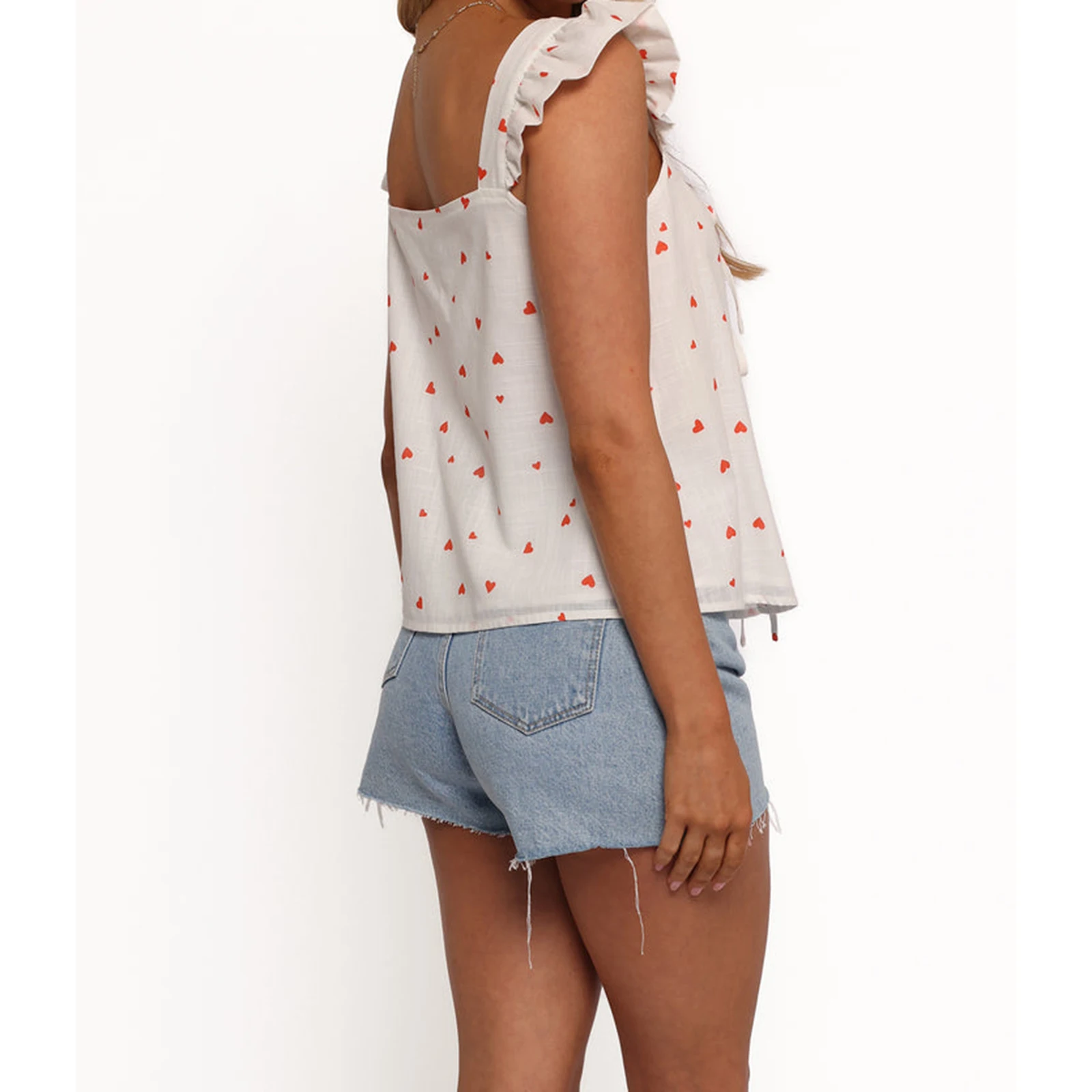 วันวาเลนไทน์ผู้หญิงเสื้อลําลองพิมพ์/สีทึบแขนยาว Tie-Up ด้านหน้าเสื้อแฟชั่นฤดูร้อน Tops streetwear