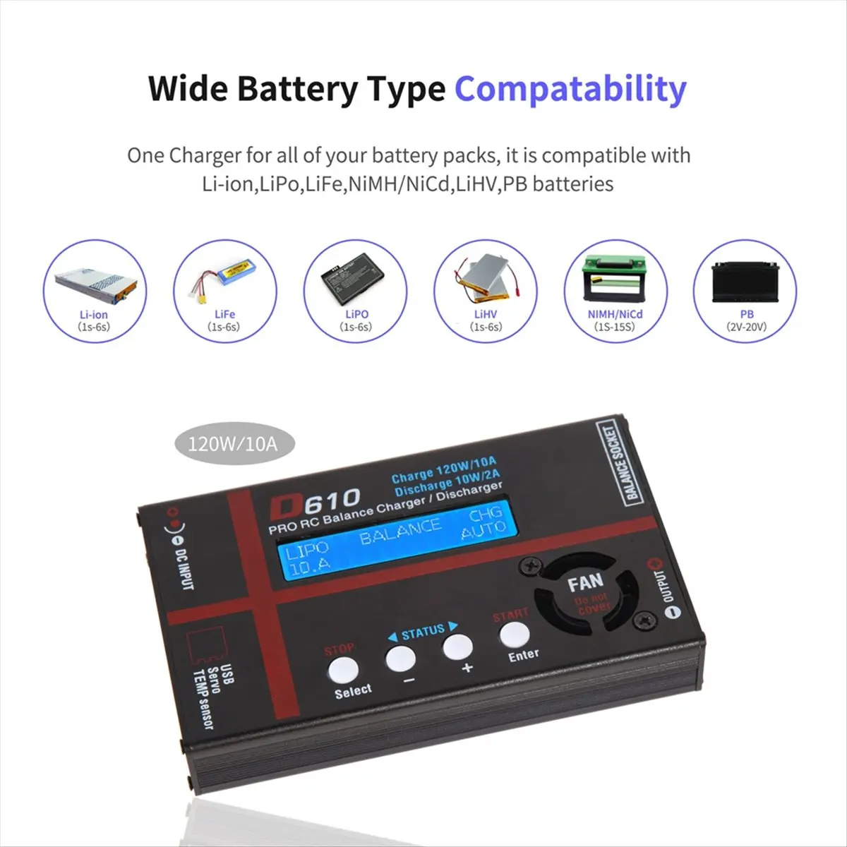 

Зарядное устройство-балансир T19C D610 120W 10A для LiPo/LiFe/LiHV/Li-Ion/NiCD/NiMH/2-20V PB, интеллектуальное зарядное-разрядное устройство для аккумуляторов