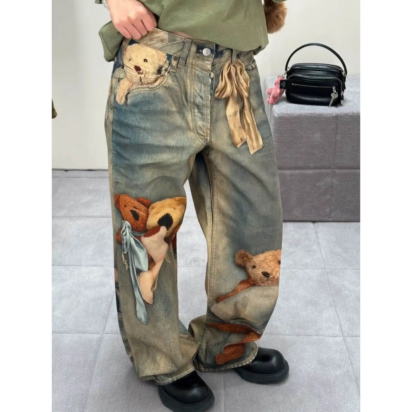 

Loose Low Waist Wide Leg Straight Cut Denim Jeans Teddy Bear Print 98M Sle Casual Pants for Men Retro High Waist Bule