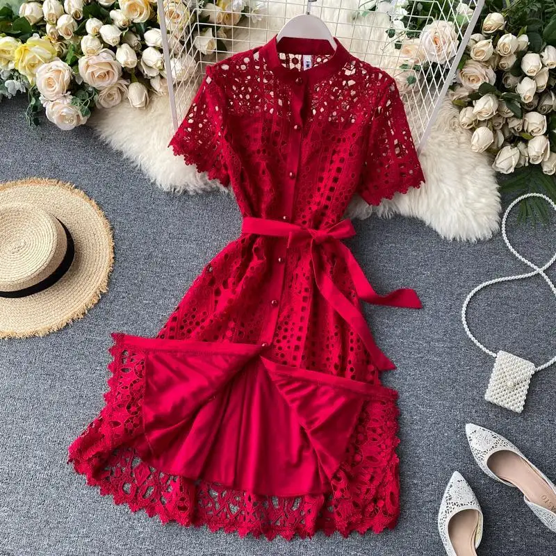 

Women's Summer Dresses Evening Gowns Short Sleeve Retro Cutout Lace New Arrivals Comfortable Minimalist Casual Niche Versatile