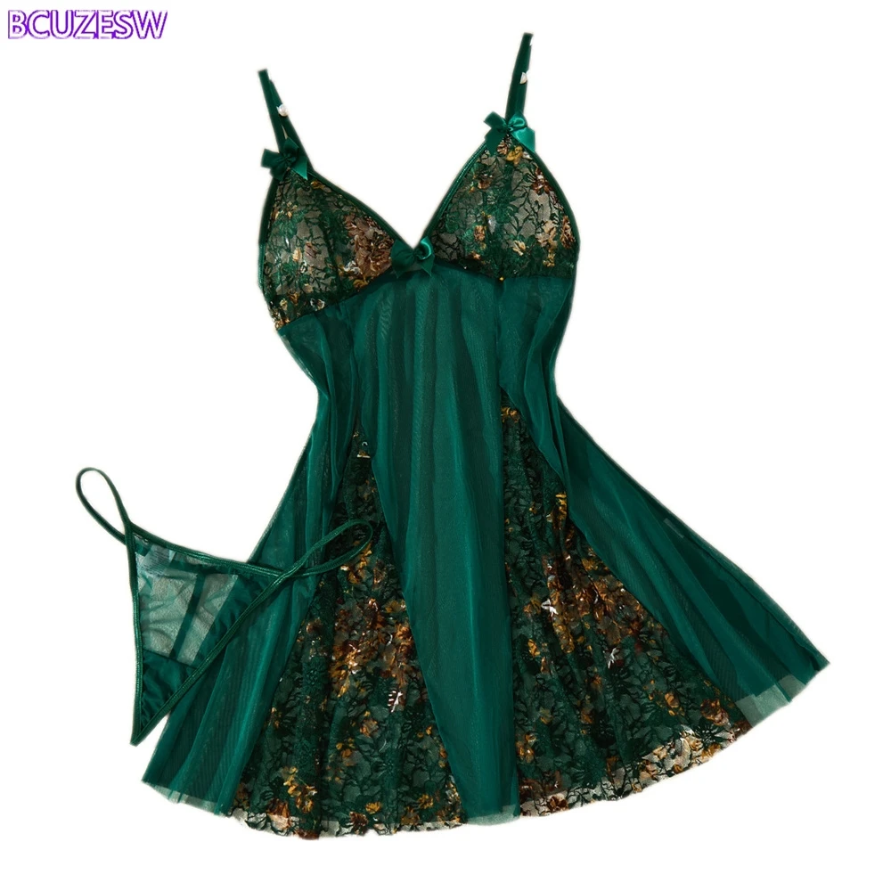

Women's Sexy Night Dress Deep V Mesh Transparent Sleepwear Backless Suspender Nightgown Pure Desire Deep Green Home Clothes