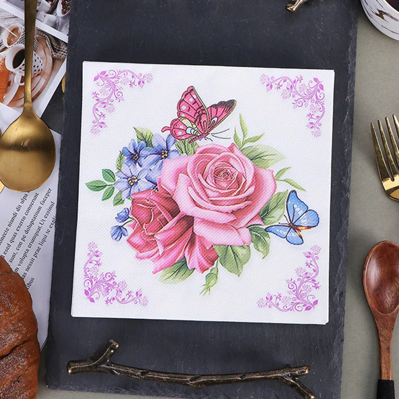 20Pcs/pack Rose Flower Butterfly Printed Paper Disposable Tableware Napkin Tissues Wedding Party Decoration