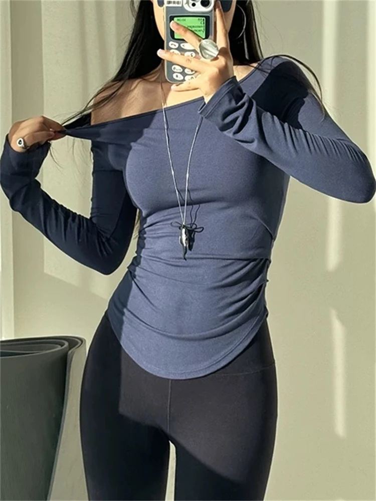 

Женский топ для йоги и фитнеса с длинными рукавами, открытыми плечами, утягивающий талию, быстросохнущий, для утренних пробежек, спортивная одежда, оригинальный дизайн, облегающий крой