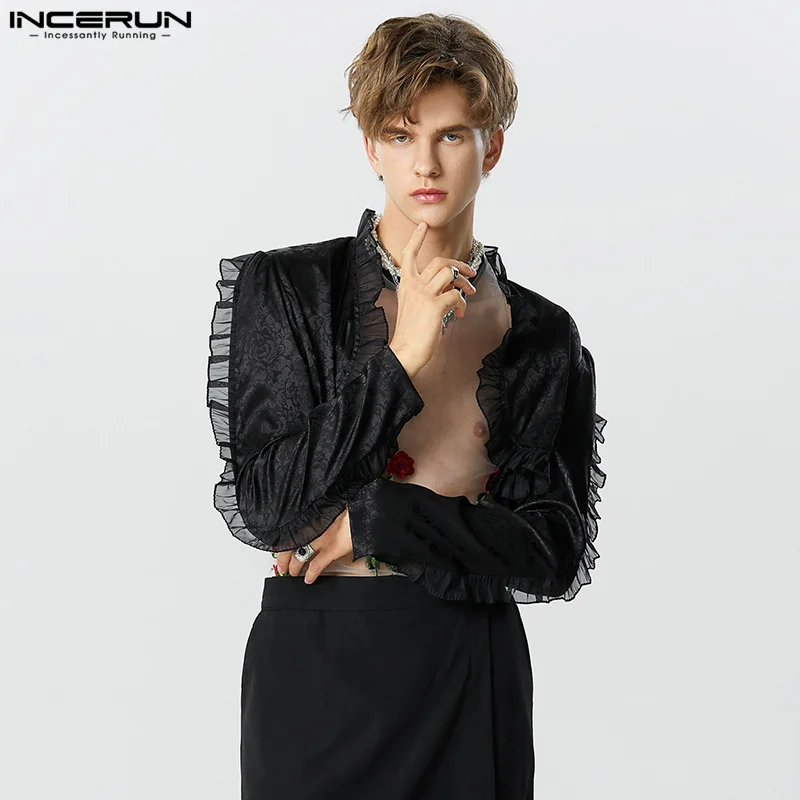 2023 Fashion Men Blazer Mesh Ruffle Patchwork Long Sleeve Open Stitch Casual Suits Streetwear Personality Crop Coats Men INCERUN