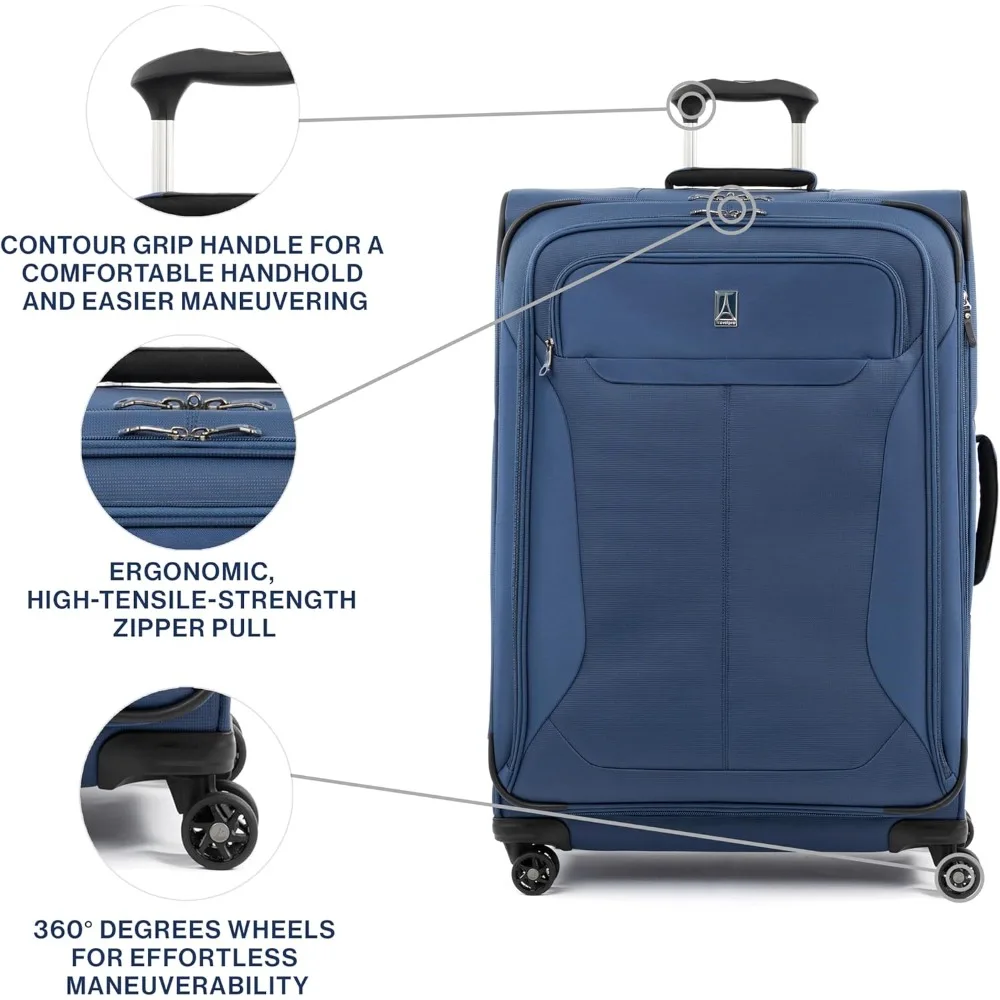 Lightweight Expandable 29 Inch Suitcase with 4 Spinner Wheels, Large Checked Luggage, Blue Softside Travel Bag