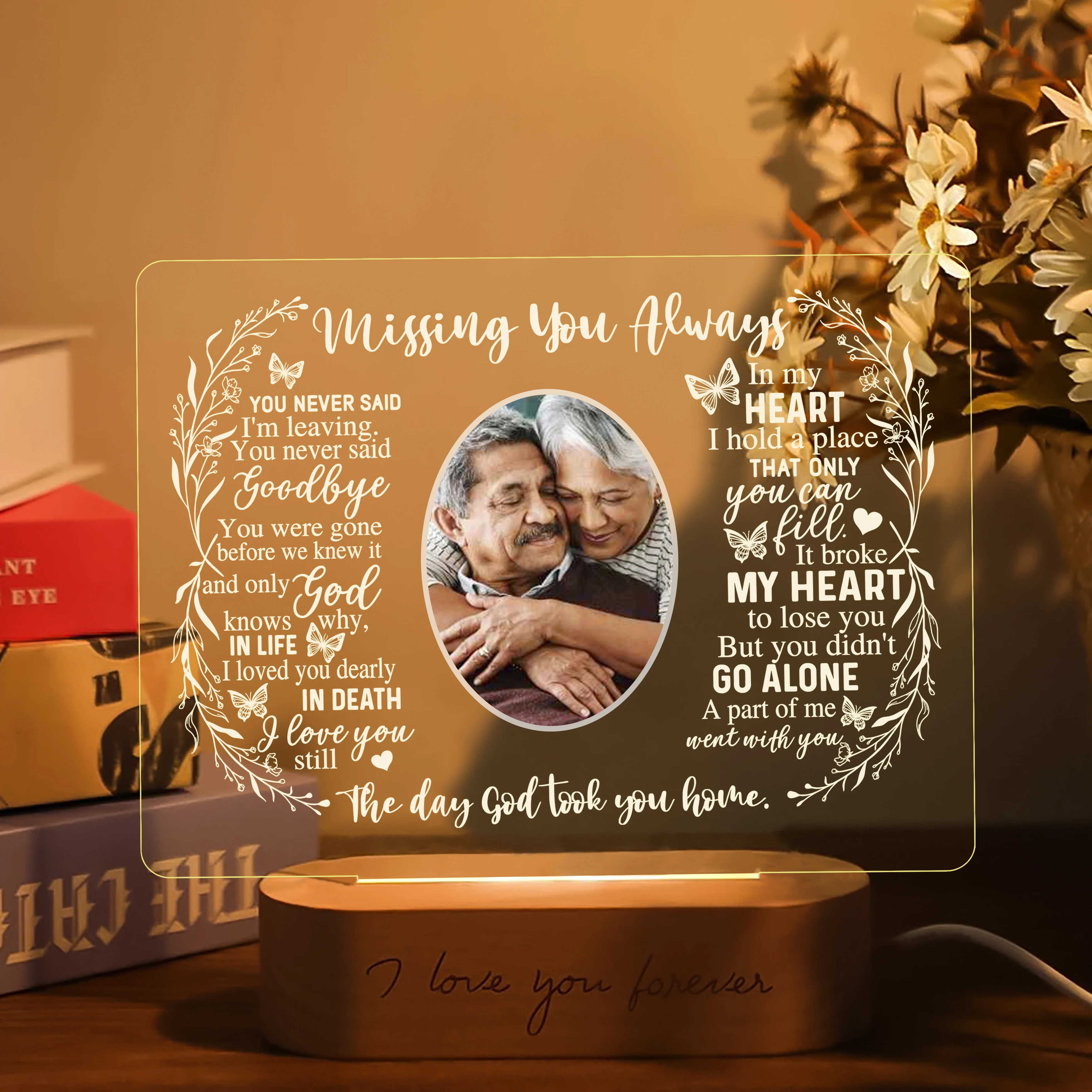 Personalized Unique Sympathy Gift For Custom In Memory of Loved Light Up Picture Frames with Photo and Text Memorial Plaque Lamp