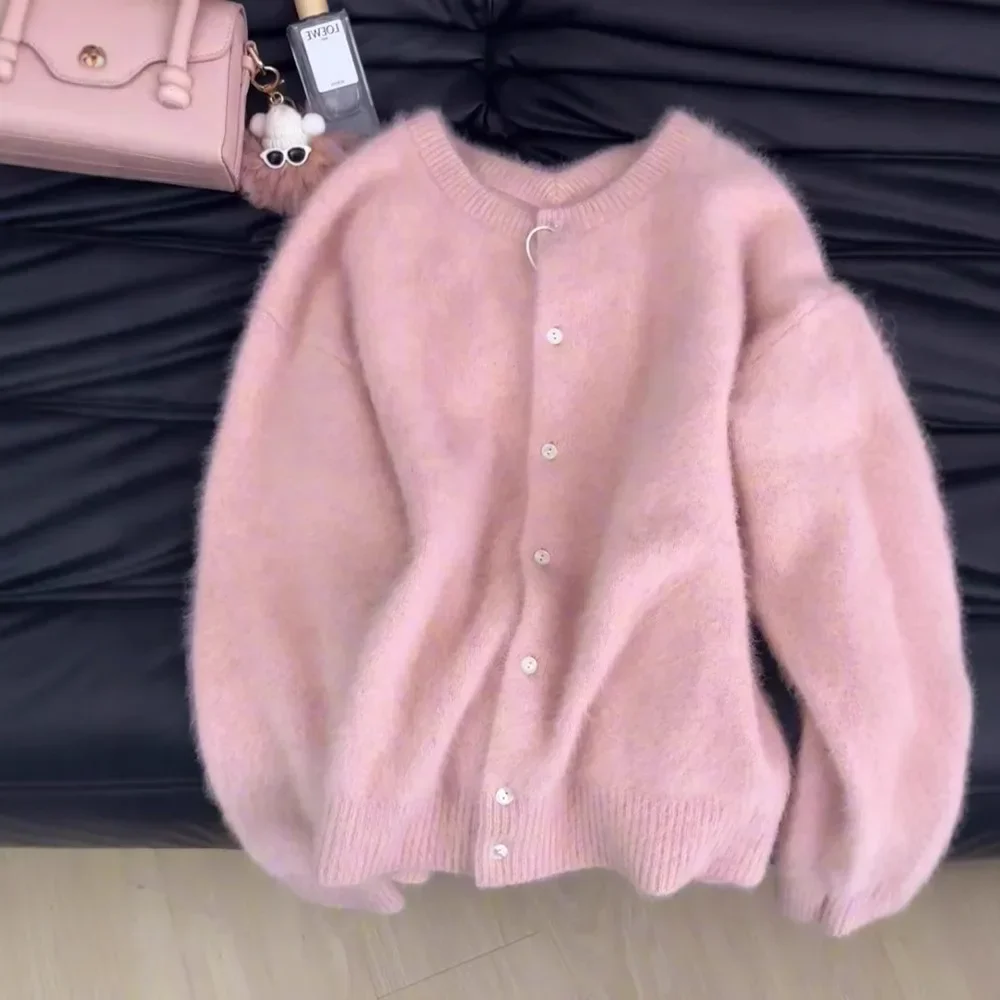

Soft Cherry Pink Raccoon Fur Knitted Sweater Loose Round Neck Open Cardigan Women's Lazy Style Autumn Winter Outerwear