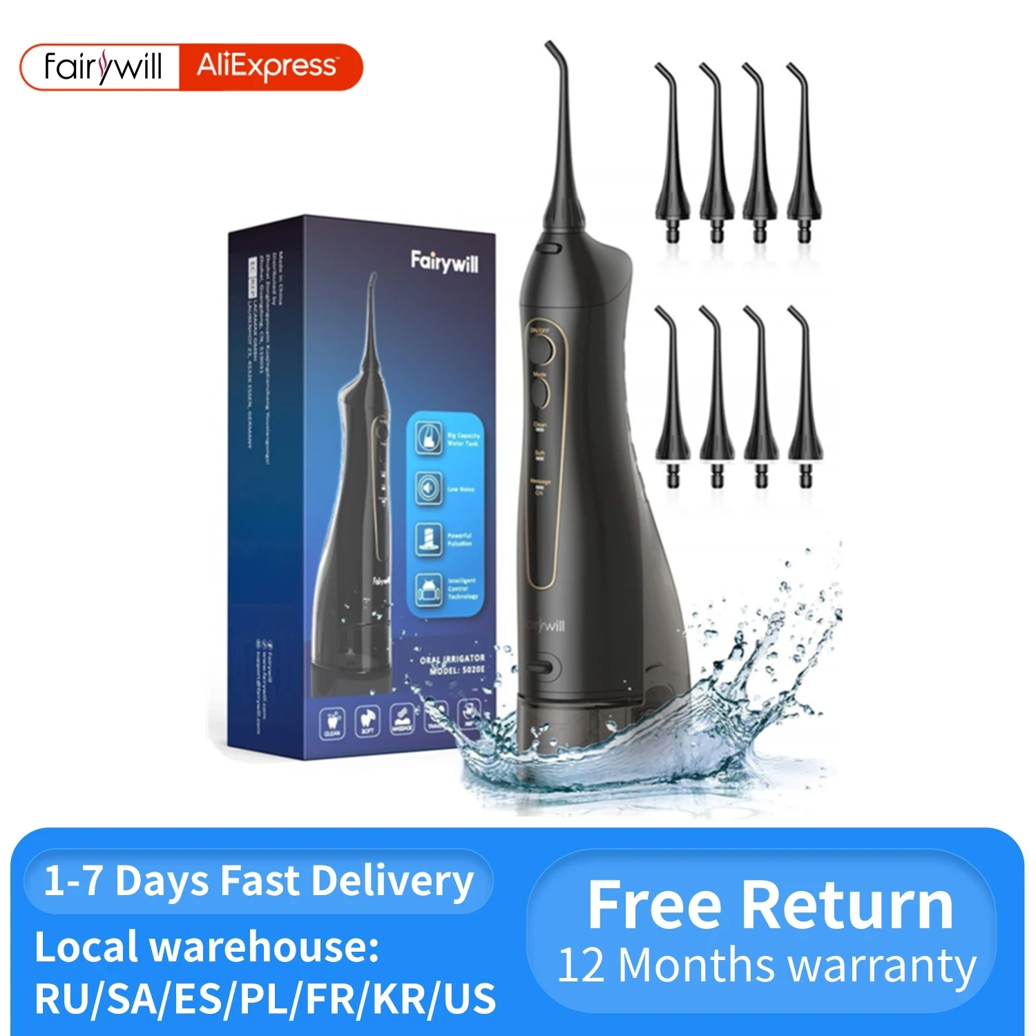 Fairywill Portable Dental Water Flosser Oral Irrigator USB Rechargeable Water Floss Jet Tooth Pick 7Tips 300ml Mouth washing ma