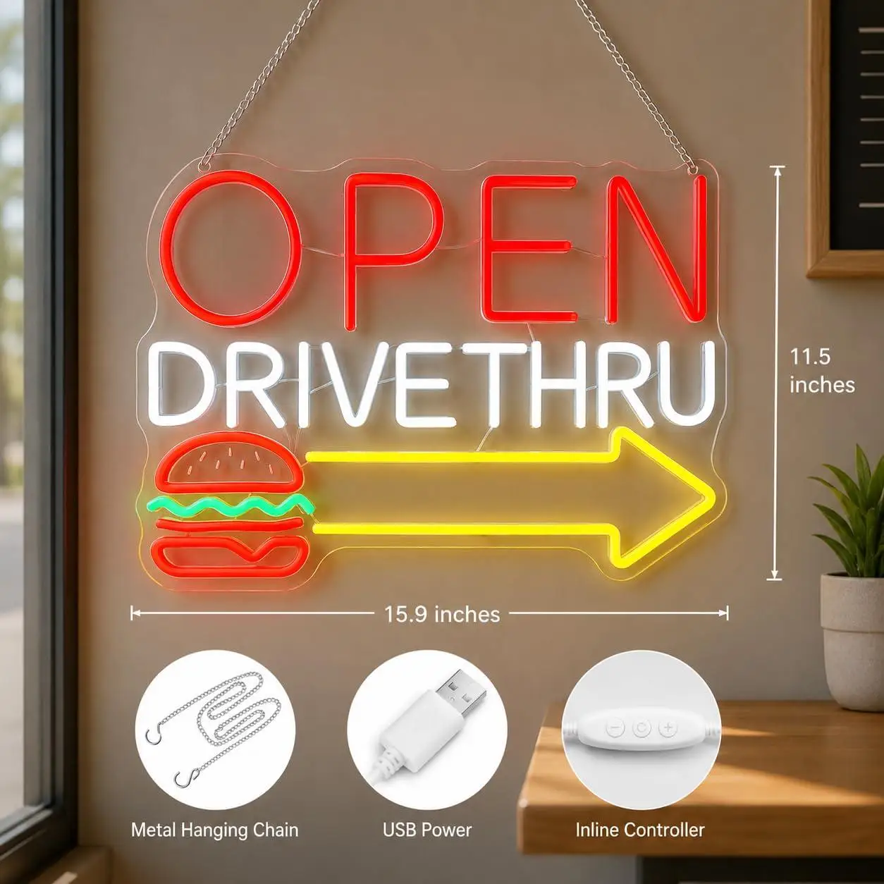 Open Drive Thru Neon Sign USB Dimmable LED Lights For Fast Food Pizza Burger Shop Window Wall Hanging Decor Storefront Sign Gift