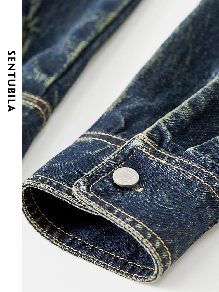 SENTUBILA Women 100% Cotton Denim Shirt  2024 Autumn Fashion Drop Sleeve Letter Embroidery Carving Metal Button Tops W43C56326