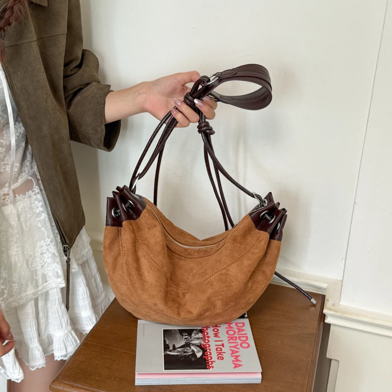 2026 New Women Suede Crescent Crossbody Bag Adjustable Strap Shoulder Hobo Bag Vintage Design Daily Commute Travel Sling Handbag